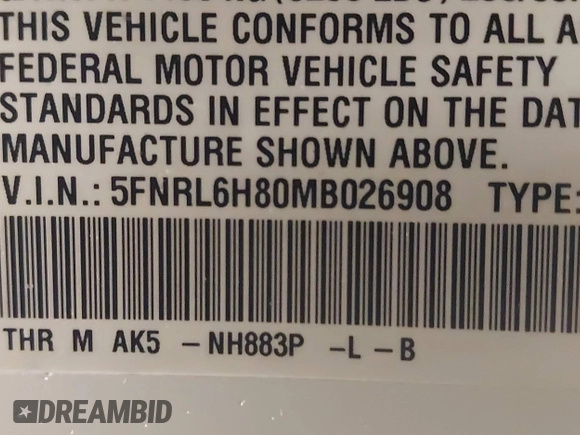 2021 Honda Odyssey Touring with VIN 5FNRL6H80MB026908, listed as a IAAI auction lot 41564765 with 116,453 mi miles. Bid and sale history available at carsss.com. Image 9.