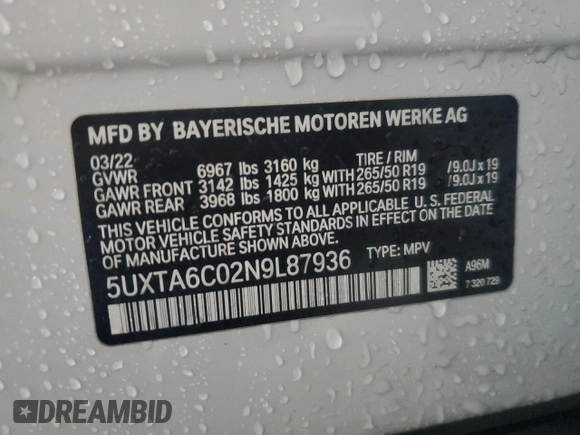 2022 BMW X5 xDrive45e with VIN 5UXTA6C02N9L87936, listed as a Copart auction lot 52728515 with 22,228 mi miles and Salvage Title. Bid and sale history available at carsss.com. Image 14.