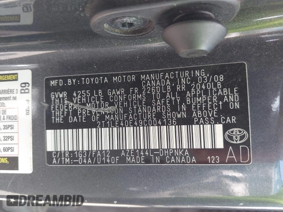 2009 Toyota Matrix S with VIN 2T1LE40E49C004136, listed as a IAAI auction lot 42824966 with 225,109 mi miles and . Bid and sale history available at DreamBid. Image 9.