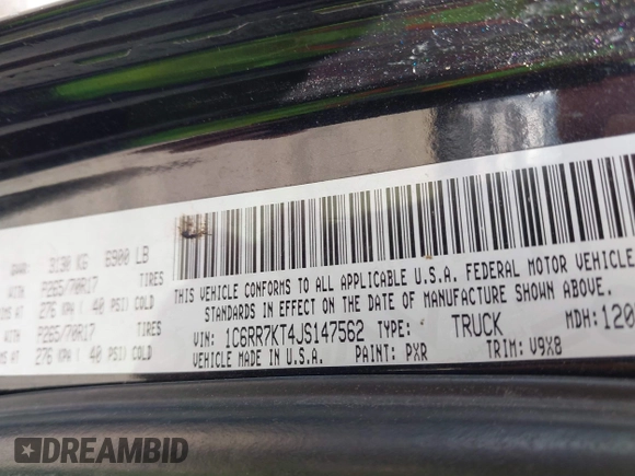 2018 Ram 1500 Express z VIN 1C6RR7KT4JS147562, wystawiony jako IAAI lot #42129188 z przebiegiem 125 332 mil mil oraz . Historia ofert i sprzedaży dostępna na DreamBid. Obrazek 9.