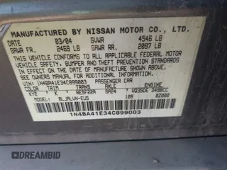 2004 Nissan Maxima SE with VIN 1N4BA41E34C899003, listed as a IAAI auction lot 41951346 with 186,746 mi miles and . Bid and sale history available at DreamBid. Image 9.