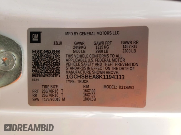 2019 Chevrolet Colorado 2WD Work Truck with VIN 1GCHSBEA8K1194333, listed as a Copart auction lot 53670145 with 69,185 mi miles and Clean Title. Bid and sale history available at DreamBid. Image 12.