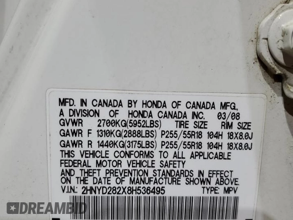 2008 Acura MDX with VIN 2HNYD282X8H536495, listed as a Copart auction lot 46929435 with 203,716 mi miles and Salvage Title. Bid and sale history available at DreamBid. Image 13.