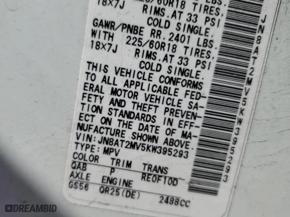 2019 Nissan Rogue SV with VIN JN8AT2MV5KW395293, listed as a Copart auction lot 47523965 with 109,230 mi miles and Salvage Title. Bid and sale history available at carsss.com. Image 14.