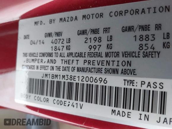 2014 Mazda 3 S Grand Touring with VIN JM1BM1M38E1200696, listed as a IAAI auction lot 41906426 with 50,048 mi miles and . Bid and sale history available at DreamBid. Image 9.
