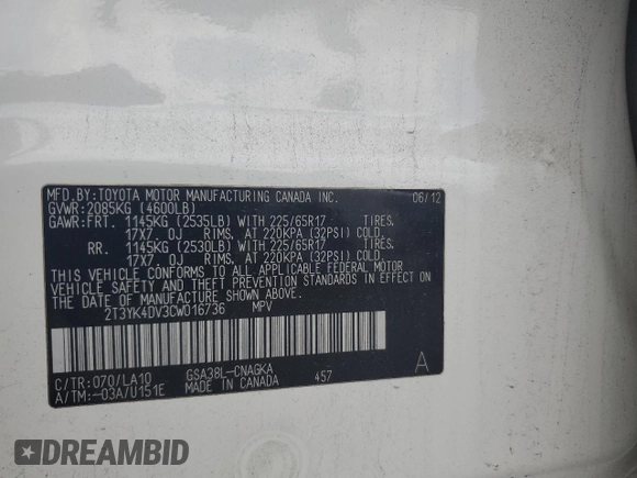 2012 Toyota RAV4 Limited с VIN 2T3YK4DV3CW016736, выставлен на аукционе Copart как лот 55508135 с пробегом 132 828 миль миль и Списание • Salvage title. История ставок и продаж доступна на DreamBid. Изображение 12.