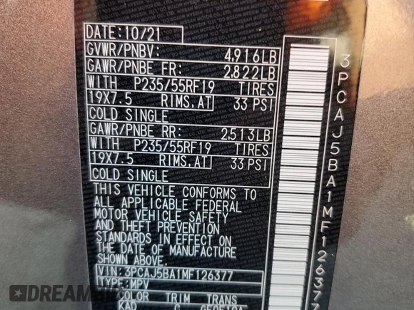 2021 Infiniti QX50 Luxe with VIN 3PCAJ5BA1MF126377, listed as a Copart auction lot 47115455 with 12,497 mi miles and Salvage title. Bid and sale history available at DreamBid. Image 15.