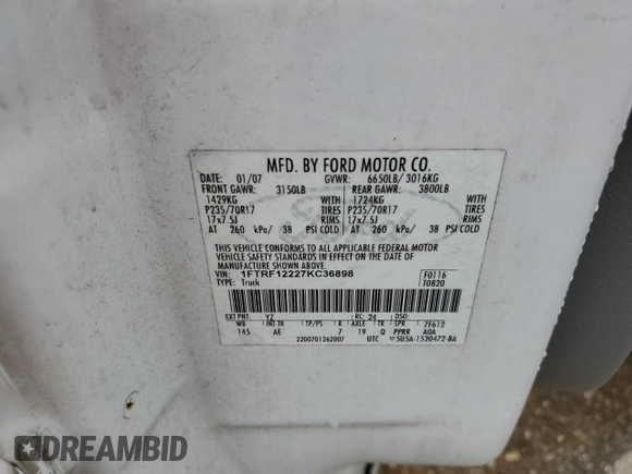 2007 Ford F-150 XL with VIN 1FTRF12227KC36898, listed as a Copart auction lot 54427905 with Not provided miles and Clean title. Bid and sale history available at DreamBid. Image 12.