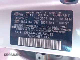 2017 Hyundai Accent SE with VIN KMHCT4AE5HU236813, listed as a IAAI auction lot 42125146 with 140,275 mi miles and . Bid and sale history available at carsss.com. Image 9.