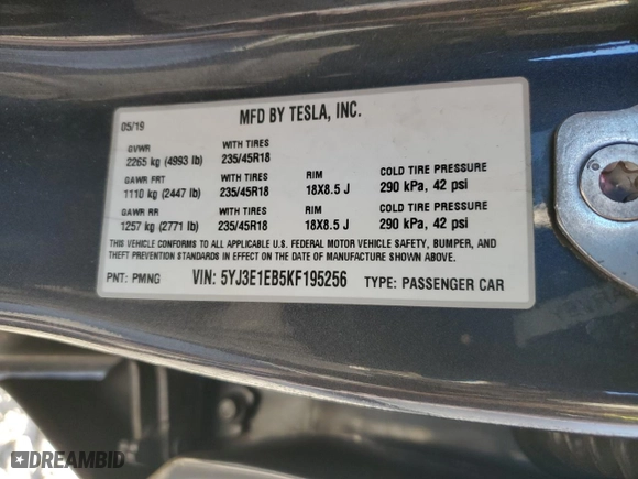 2019 Tesla Model 3 Long Range with VIN 5YJ3E1EB5KF195256, listed as a Copart auction lot 89077375 with 55,719 mi miles and Salvage Title. Bid and sale history available at carsss.com. Image 12.
