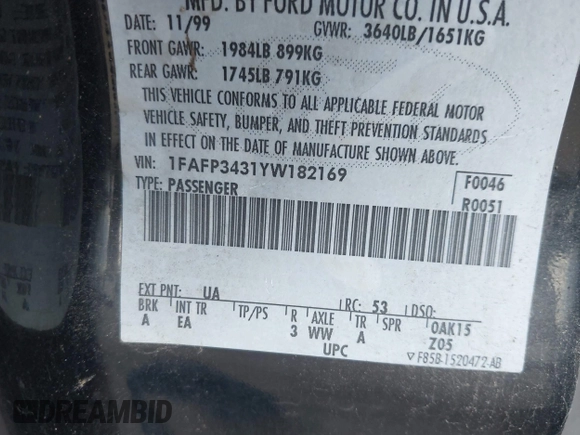 2000 Ford Focus SE with VIN 1FAFP3431YW182169, listed as a IAAI auction lot 42539335 with Not provided miles and . Bid and sale history available at DreamBid. Image 9.