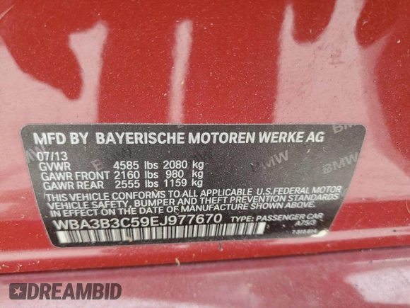 2014 BMW 3 Series 328i xDrive with VIN WBA3B3C59EJ977670, listed as a Copart auction lot 55281475 with 128,937 mi miles and Salvage Title. Bid and sale history available at carsss.com. Image 12.