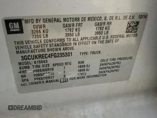 2015 Chevrolet Silverado 1500 LT with VIN 3GCUKREC4FG235301, listed as a Copart auction lot 51747915 with 179,033 mi miles and Salvage Title. Bid and sale history available at DreamBid. Image 12.