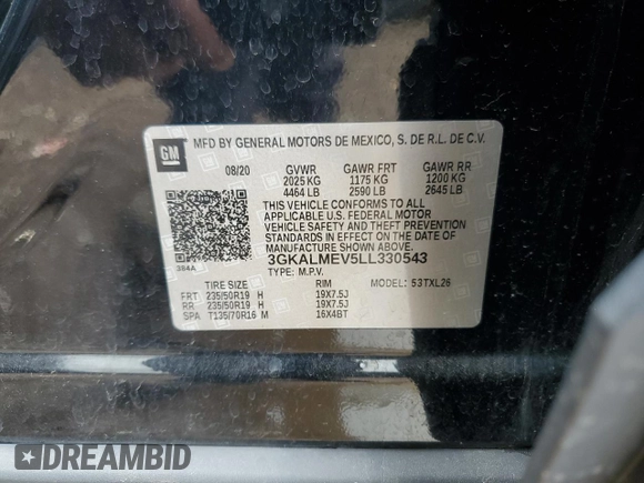 2020 GMC Terrain SLE with VIN 3GKALMEV5LL330543, listed as a Copart auction lot 58581675 with 79,832 mi miles and Salvage title. Bid and sale history available at DreamBid. Image 14.