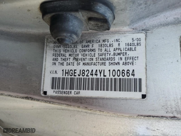 2000 Honda Civic EX with VIN 1HGEJ8244YL100664, listed as a Copart auction lot 50177735 with 211,236 mi miles and Salvage Title. Bid and sale history available at carsss.com. Image 12.