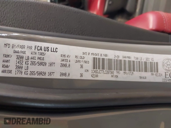 2020 Dodge Durango R/T z VIN 1C4SDJCT7LC287302, wystawiony jako IAAI lot #41897431 z przebiegiem 55 103 mil mil oraz . Historia ofert i sprzedaży dostępna na DreamBid. Obrazek 9.