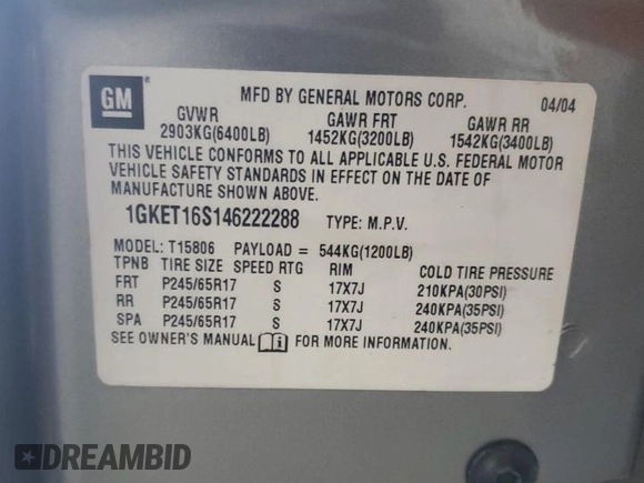 2004 GMC Envoy SLT with VIN 1GKET16S146222288, listed as a Copart auction lot 49316405 with 210,424 mi miles and Salvage Title. Bid and sale history available at DreamBid. Image 13.