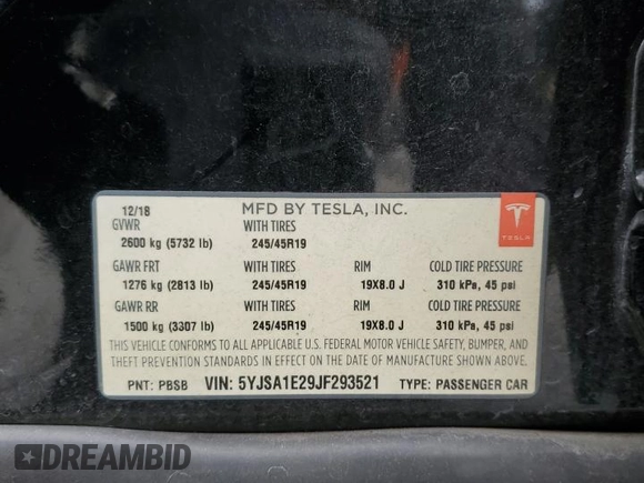 2018 Tesla Model S 75D with VIN 5YJSA1E29JF293521, listed as a Copart auction lot 50104625 with 93,428 mi miles and Salvage Title. Bid and sale history available at DreamBid. Image 13.