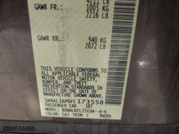 2015 Nissan Altima 2.5 S with VIN 1N4AL3AP6FC173558, listed as a IAAI auction lot 41508724 with 215,182 mi miles. Bid and sale history available at carsss.com. Image 9.