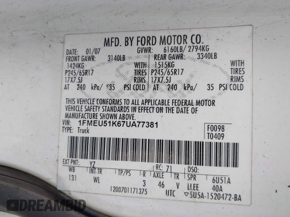 2007 Ford Explorer Sport Trac XLT с VIN 1FMEU51K67UA77381, выставлен на аукционе IAAI как лот 41884237 с пробегом 145 255 миль миль и . История ставок и продаж доступна на DreamBid. Изображение 9.