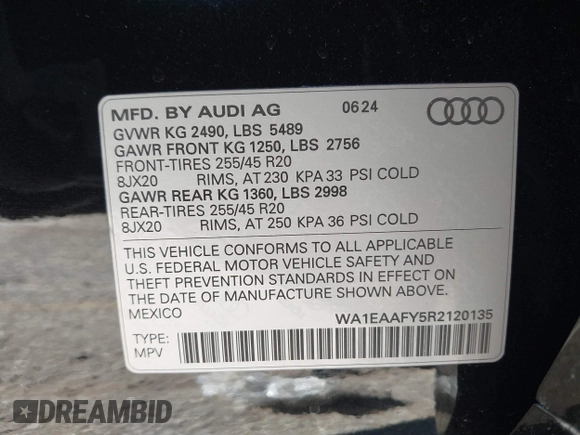 2024 Audi Q5 S line Premium Plus with VIN WA1EAAFY5R2120135, listed as a IAAI auction lot 41618880 with 4,277 mi miles and . Bid and sale history available at DreamBid. Image 9.
