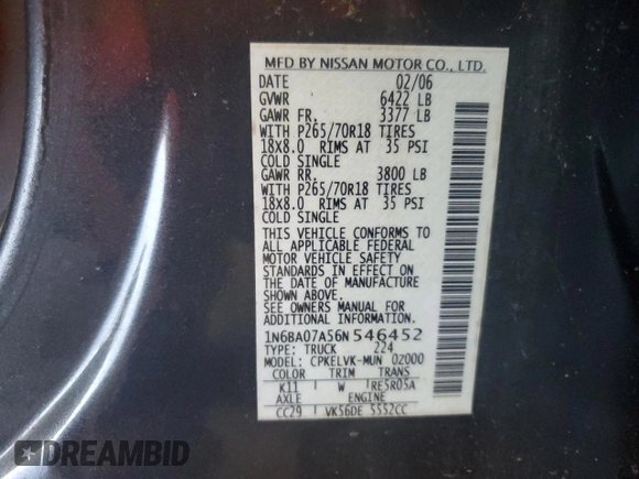 2006 Nissan Titan LE с VIN 1N6BA07A56N546452, выставлен на аукционе Copart как лот 56642845 с пробегом 161 494 миль миль и Списание • Salvage title. История ставок и продаж доступна на DreamBid. Изображение 12.