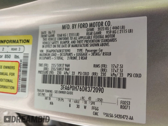 2013 Ford Fusion SE with VIN 3FA6P0H76DR372090, listed as a IAAI auction lot 42212510 with 207,668 mi miles and . Bid and sale history available at DreamBid. Image 9.