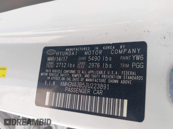 2018 Genesis G80 Sport with VIN KMHGN4JB5JU223891, listed as a IAAI auction lot 42559899 with 156,603 mi miles and . Bid and sale history available at DreamBid. Image 9.