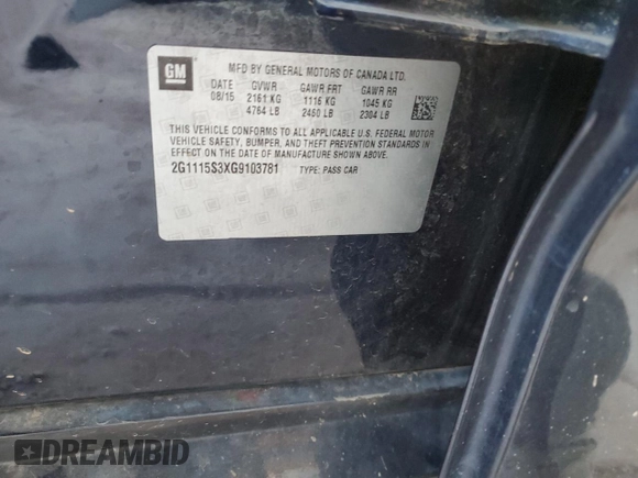 2016 Chevrolet Impala LT with VIN 2G1115S3XG9103781, listed as a Copart auction lot 87448734 with 162,897 mi miles and Salvage Title. Bid and sale history available at DreamBid. Image 14.