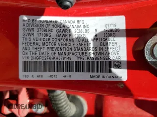 2019 Honda Civic LX with VIN 2HGFC2F65KH578149, listed as a Copart auction lot 52990095 with 63,253 mi miles and Salvage Title. Bid and sale history available at DreamBid. Image 12.