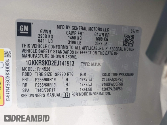 2014 GMC Acadia SLT z VIN 1GKKRSKD2EJ141913, wystawiony jako IAAI lot #41738536 z przebiegiem 100 577 mil mil oraz . Historia ofert i sprzedaży dostępna na DreamBid. Obrazek 9.