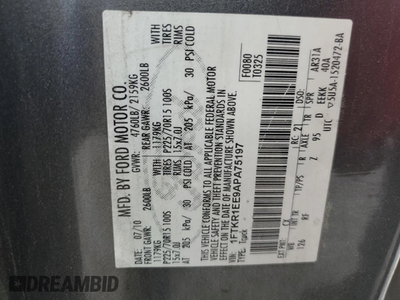 2010 Ford Ranger XL with VIN 1FTKR1EE9APA75197, listed as a Copart auction lot 51602795 with 173,363 mi miles and Salvage title. Bid and sale history available at DreamBid. Image 14.