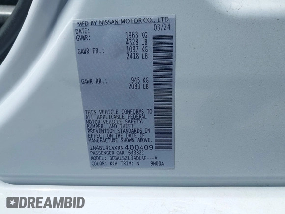 2024 Nissan Altima SR z VIN 1N4BL4CVXRN400409, wystawiony jako IAAI lot #42075648 z przebiegiem 9 108 mil mil oraz . Historia ofert i sprzedaży dostępna na DreamBid. Obrazek 9.