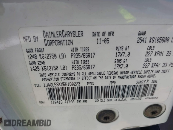 2006 Jeep Liberty Limited with VIN 1J4GL58KX6W180273, listed as a IAAI auction lot 41896673 with 146,404 mi miles. Bid and sale history available at carsss.com. Image 9.