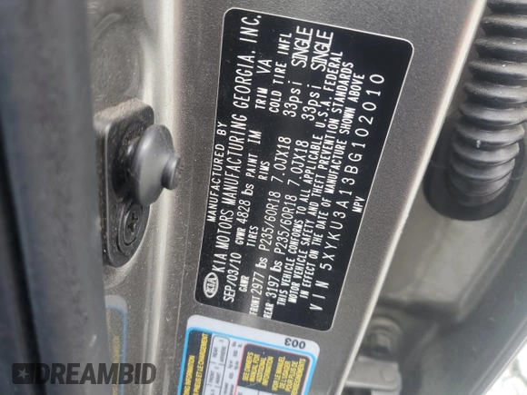 2011 Kia Sorento EX with VIN 5XYKU3A13BG102010, listed as a Copart auction lot 52092575 with 187,155 mi miles and Salvage Title. Bid and sale history available at carsss.com. Image 13.