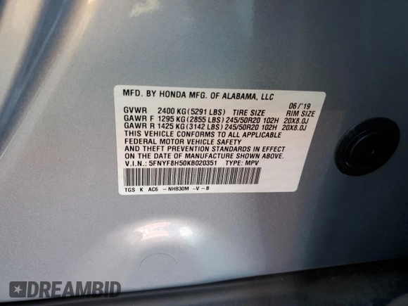 2019 Honda Passport EX-L z VIN 5FNYF8H50KB020351, wystawiony jako Copart lot #54750275 z przebiegiem 41 198 mil mil oraz Szkoda całkowita • Salvage title. Historia ofert i sprzedaży dostępna na DreamBid. Obrazek 13.