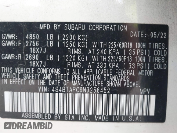 2022 Subaru Outback Touring z VIN 4S4BTAPC9N3256452, wystawiony jako IAAI lot #42434616 z przebiegiem 32 137 mil mil oraz . Historia ofert i sprzedaży dostępna na DreamBid. Obrazek 9.