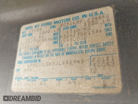 1988 Ford Bronco Eddie Bauer with VIN 1FMEU15N3JLA98943, listed as a IAAI auction lot 42771847 with 41,662 mi miles and . Bid and sale history available at DreamBid. Image 9.