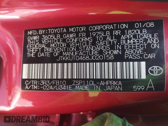 2008 Scion xD z VIN JTKKU10468J020158, wystawiony jako IAAI lot #42210532 z przebiegiem 142 091 mil mil oraz . Historia ofert i sprzedaży dostępna na DreamBid. Obrazek 9.