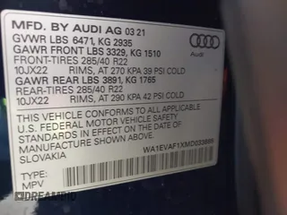 2021 Audi Q8 Premium Plus with VIN WA1EVAF1XMD033688, listed as a IAAI auction lot 42153256 with 41,701 mi miles and . Bid and sale history available at DreamBid. Image 9.