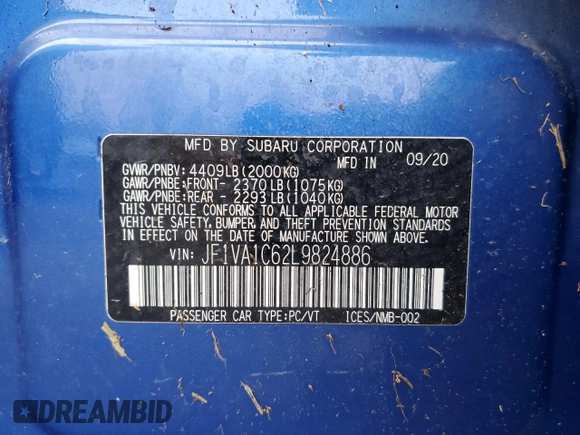 2020 Subaru WRX Premium with VIN JF1VA1C62L9824886, listed as a Copart auction lot 47166805 with 79,336 mi miles and Salvage Title. Bid and sale history available at carsss.com. Image 14.