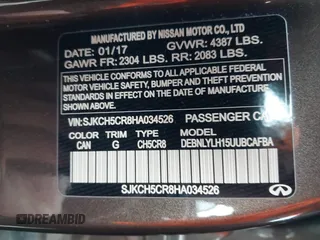 2017 Infiniti QX30 Luxury with VIN SJKCH5CR8HA034526, listed as a IAAI auction lot 41338947 with 67,166 mi miles. Bid and sale history available at carsss.com. Image 9.