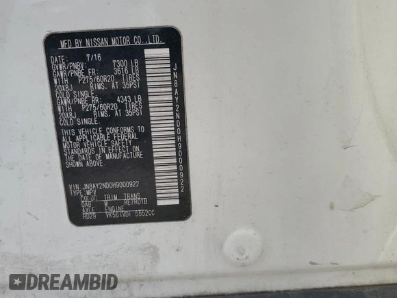 2017 Nissan Armada SL with VIN JN8AY2ND0H9000922, listed as a Copart auction lot 50698965 with 170,769 mi miles and Salvage Title. Bid and sale history available at carsss.com. Image 14.