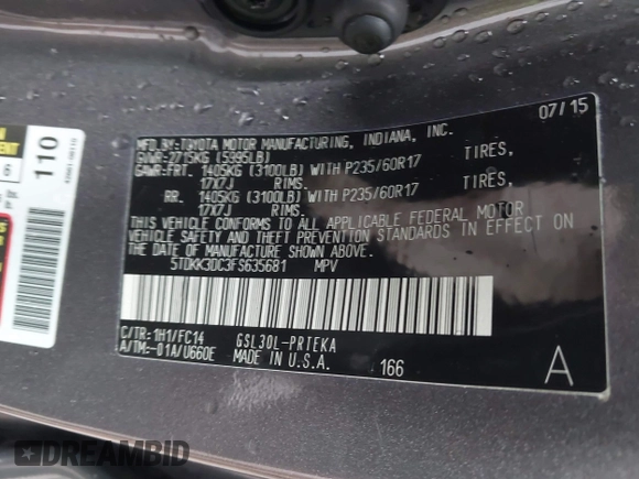 2015 Toyota Sienna LE AAS with VIN 5TDKK3DC3FS635681, listed as a IAAI auction lot 41988400 with 122,669 mi miles and . Bid and sale history available at DreamBid. Image 9.