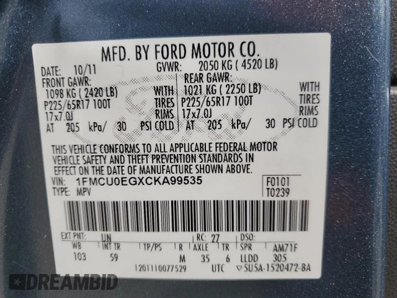 2012 Ford Escape Limited with VIN 1FMCU0EGXCKA99535, listed as a Copart auction lot 53350485 with 233,791 mi miles and Clean Title. Bid and sale history available at DreamBid. Image 14.