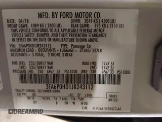 2018 Ford Fusion SE with VIN 3FA6P0HD1JR243112, listed as a IAAI auction lot 42256676 with 112,003 mi miles and . Bid and sale history available at DreamBid. Image 9.