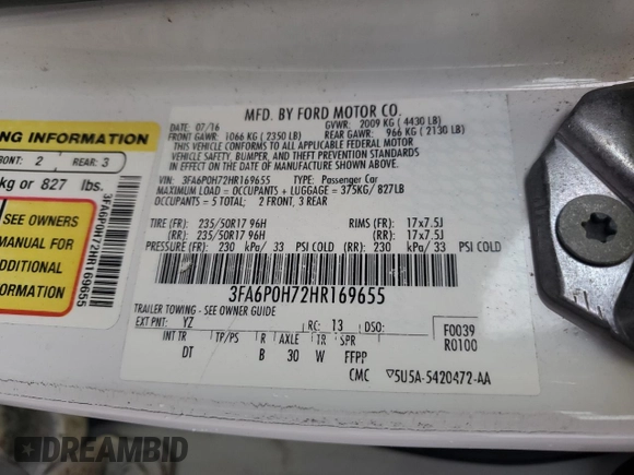 2017 Ford Fusion SE with VIN 3FA6P0H72HR169655, listed as a Copart auction lot 61218355 with 100,253 mi miles and Salvage title. Bid and sale history available at DreamBid. Image 13.