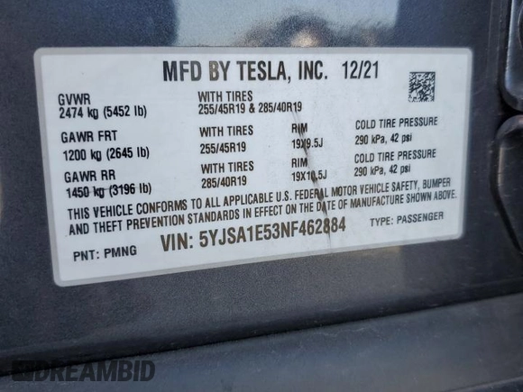 2022 Tesla Model S z VIN 5YJSA1E53NF462884, wystawiony jako Copart lot #62701915 z przebiegiem Nie podano mil oraz Szkoda całkowita • Salvage title. Historia ofert i sprzedaży dostępna na DreamBid. Obrazek 13.