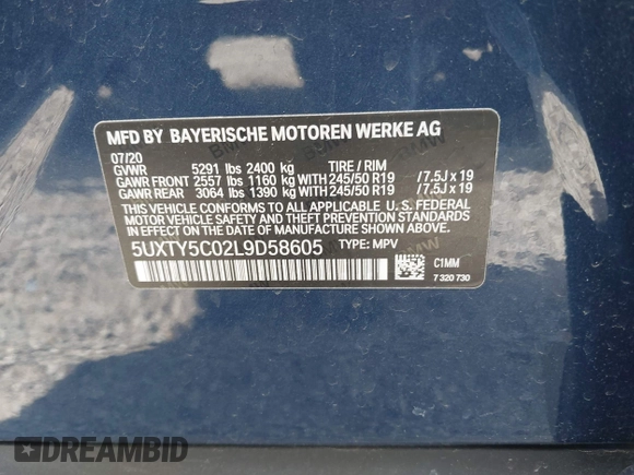 2020 BMW X3 xDrive30i with VIN 5UXTY5C02L9D58605, listed as a IAAI auction lot 41939854 with 22,361 mi miles and . Bid and sale history available at DreamBid. Image 9.