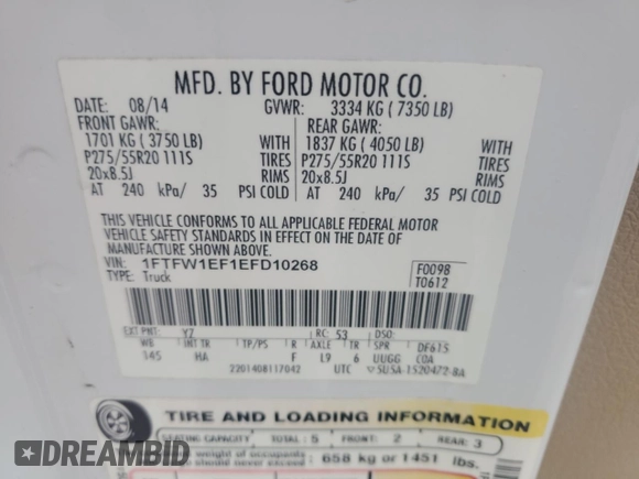 2014 Ford F-150 XL with VIN 1FTFW1EF1EFD10268, listed as a Copart auction lot 60142895 with 120,595 mi miles and Non repairable. Bid and sale history available at DreamBid. Image 12.